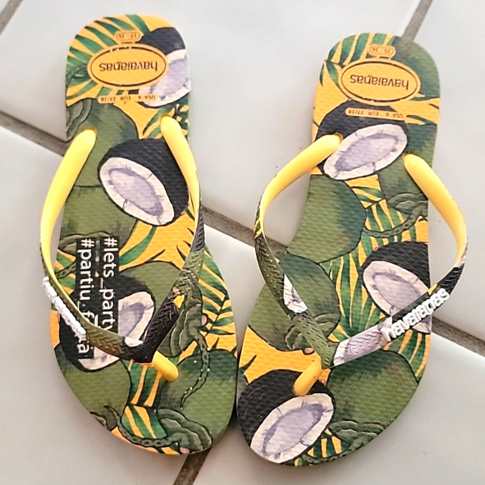 Havaianas Like New Brazilian Flip-flops, Tropical Coconut, Green And Yellow